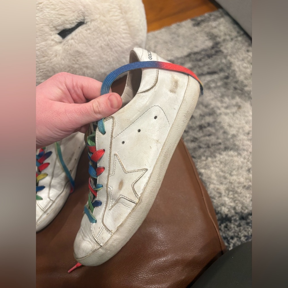 Golden Goose Super-Star White Leather Sneakers Rainbow Laces Size 37 Italy - Picture 7 of 15